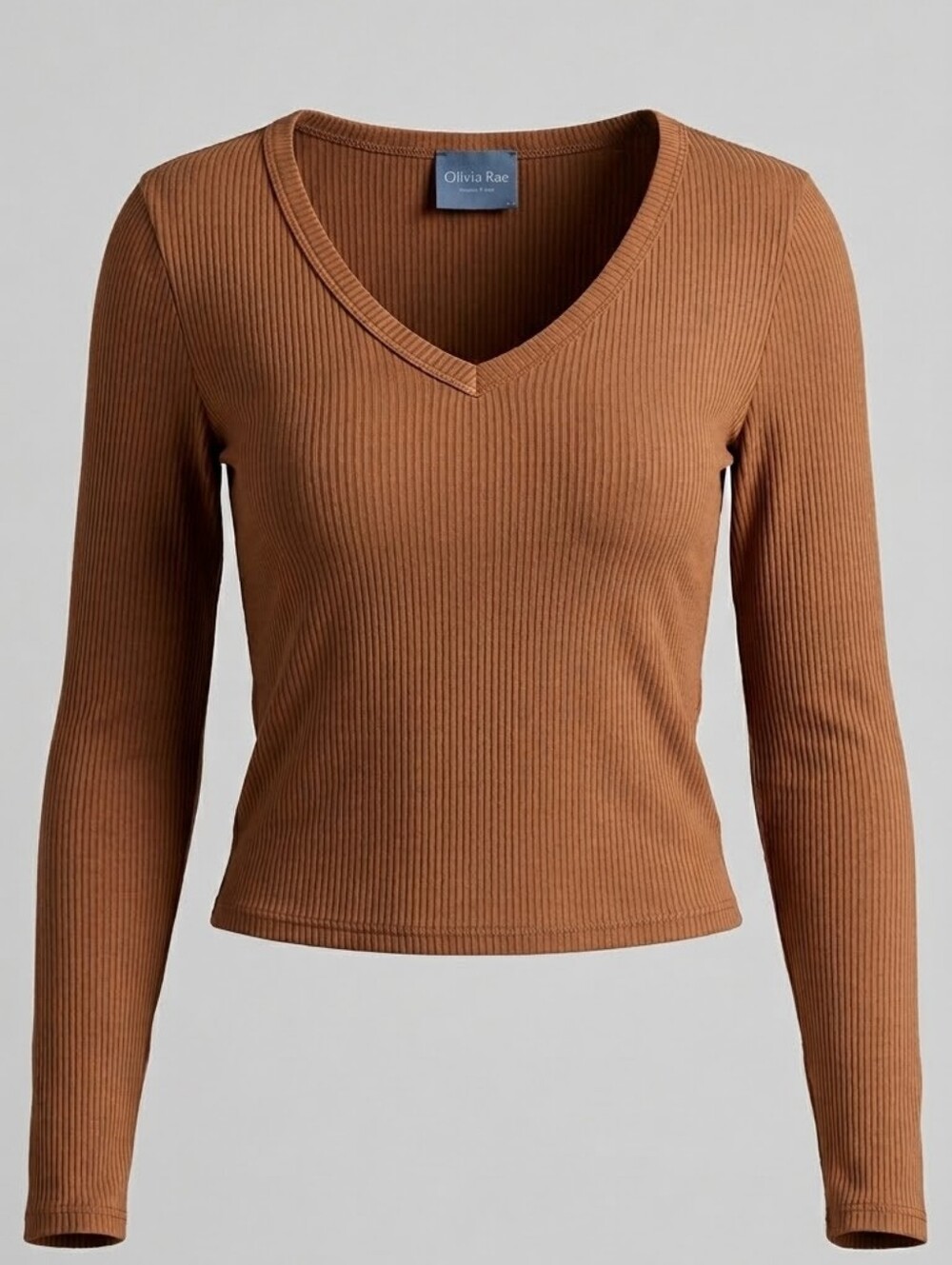 Olivia Rae New York Brown Ribbed Long Sleeve V-Neck Top